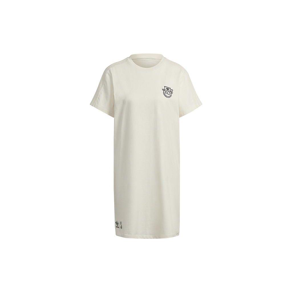 Adidas Originals Clover Logo Print Round Neck Short Sleeve Dress Women Dress White HK5222