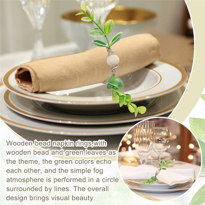 12Pcs Eucalyptus Napkin Rings, Wood Bead Napkin Rings Farmhouse Leaf Spring Napkin Rings For Dining Table Decorations Durable