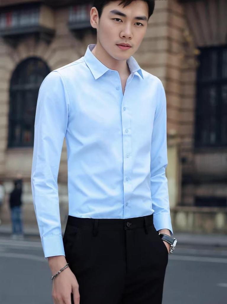 Men's Slim Fit Long Sleeve White Shirt - Autumn Trendy Korean Style Formal Wear