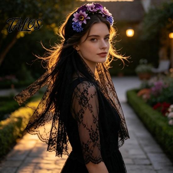 Black Lace Veil Headband Gothic Style Hair Hoop, Hollow See-Through with Simulated Flowers And Photo Accessory Veil, Halloween Day of The Dead