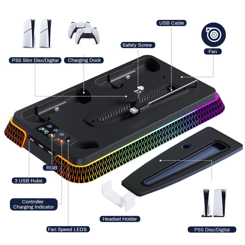 PS5 Multi-Function Cooling Base with Colorful Controller Charging Station for PS5 Pro and PS5 Slim