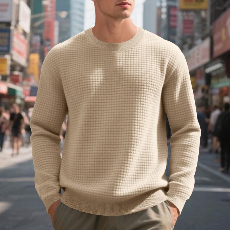 Loose-fit casual men's minimalist sports jacquard small check round-neck long-sleeved sweatshirt