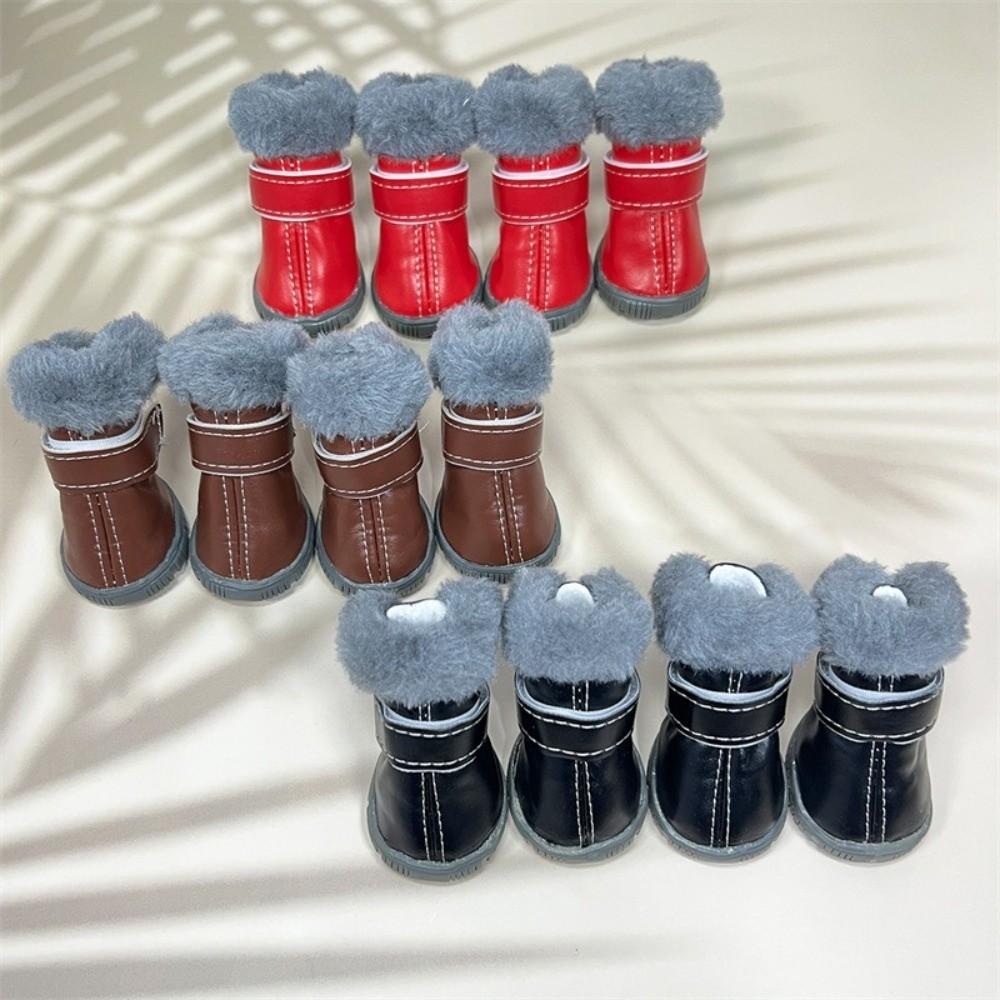 4PCS Plush Winter Pet Dog Shoes Non Slip Anti-Freezing Waterproof Dog Boots PU Leather Warm Dog Fleece Shoes Outdoor Use