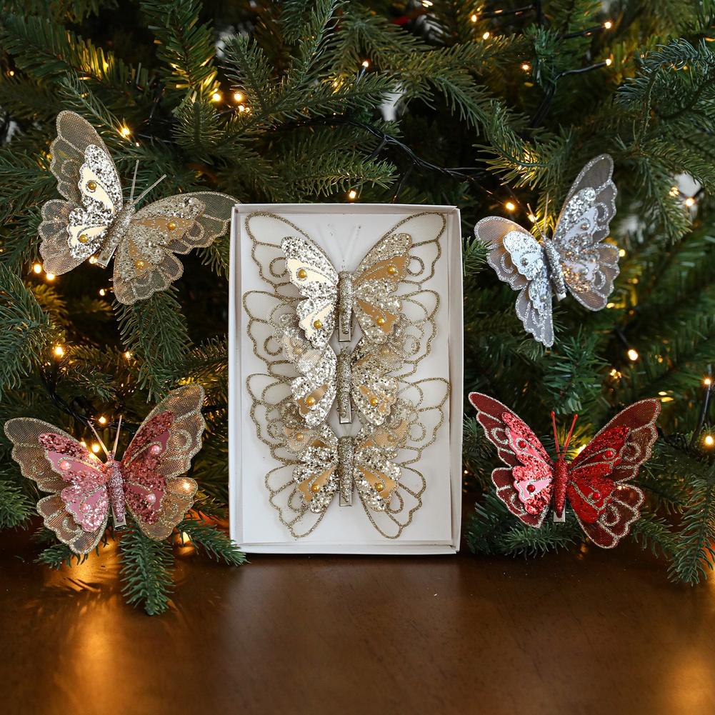 3PCS Simulated Glitter Butterfly Ornament Clips Designed for Christmas Tree Decoration and Holiday Arrangements