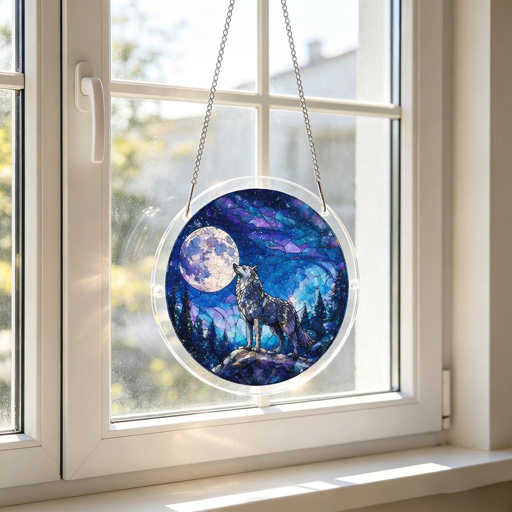 Acrylic Puzzle Sun Catcher Window Hanging Decoration 2D Circular Design Featuring Wolf Howling At Moon with Forest Background