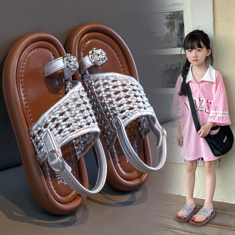 Sandálias de Encaixe com Pérolas para Meninas, Sapatos de Princesa, Sandálias de Praia Trançadas Estilosas para Bebês e Crianças, Sapatos Casuais Frescos