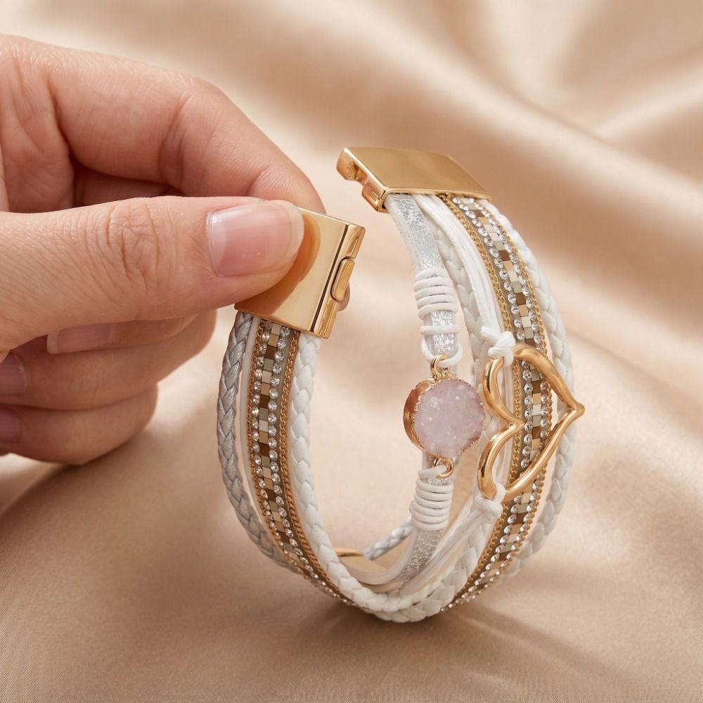 Braided Heart Woven Bracelet Leather Stacked Zircon Bracelets  Female Jewelry