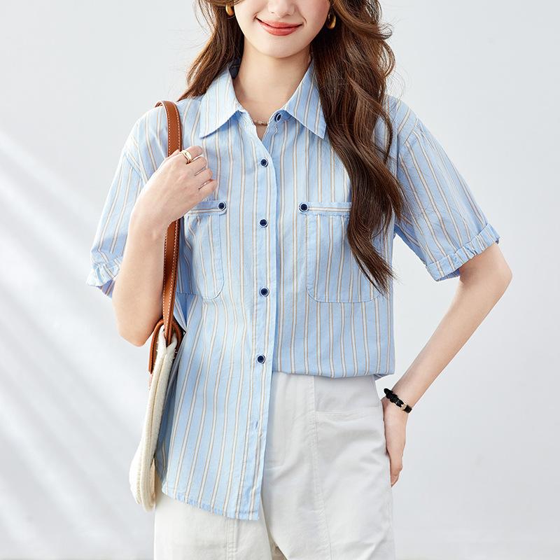 Bluză cu dungi albastre pentru femei Mânecă scurtă Vară Ultimul Top Croială relaxată Subțire Zilnică Bluză pentru femei
