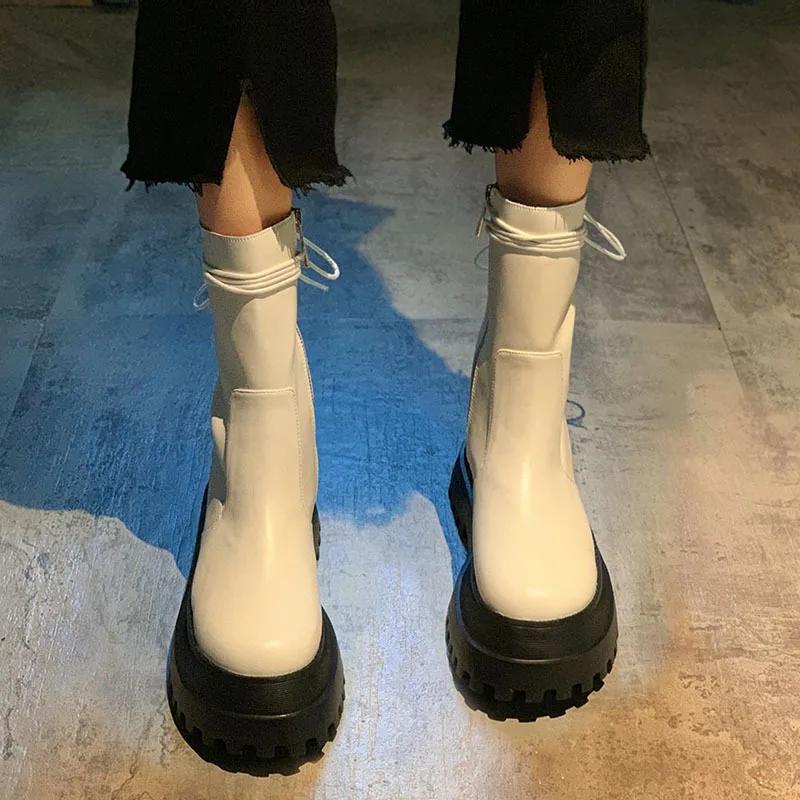 Fashion Soft Leather Thick Sole Women's Boots New Short Boots Women's Shoes Side Zipper Rider Boots Back Lace-Up Middle Boots