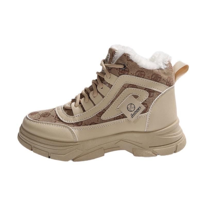 Podzimní a zimní korejská verze sametových kožených sněhulí střední výšky dámské barevně sladěné sametové sportovní bavlněné boty se silnou podrážkou na šněrování