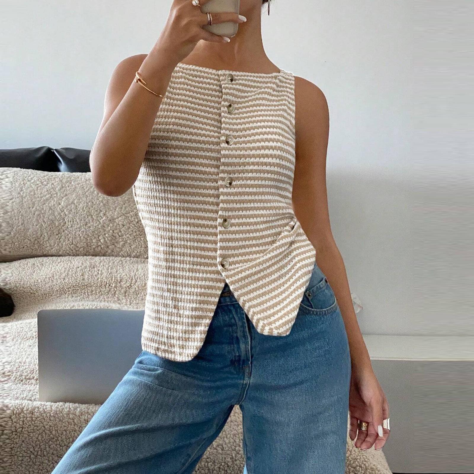 

Женская повседневная футболка без рукавов на пуговицах XL бежевый