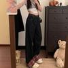 Pear-shaped Grid Splicing Jeans Women's Dark Blue and Red Loose Large Size Trailing To Cover The Meat of The Wide-legged Long Trousers Denim Pants