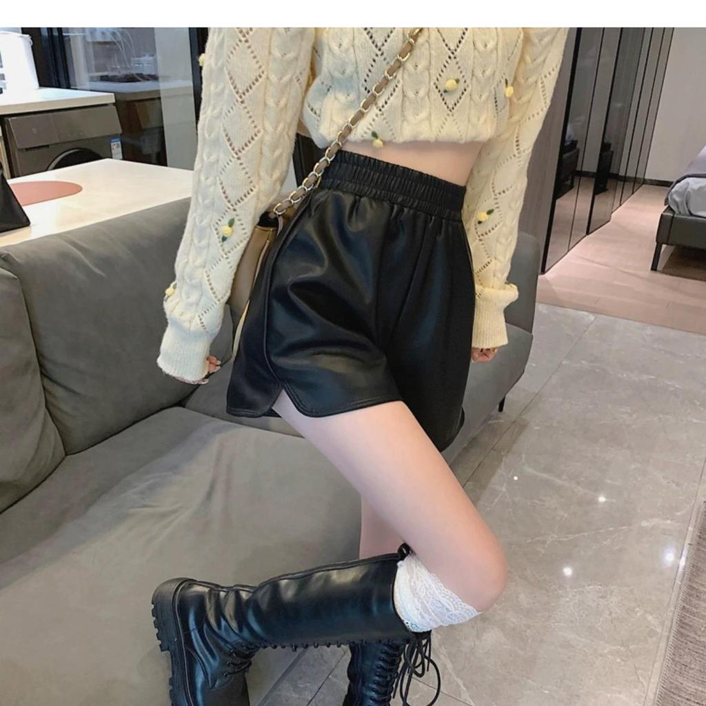 Women's High Waist Leather Shorts: Loose, Wide-Leg, Plus Size, Slimming Design for Autumn and Winter
