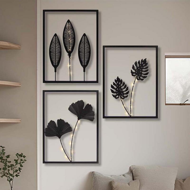 Metal Art Wall Decor Carving Black Metal Decorative Wall Art with LED Light Iron Sculptures for Hallway Entryway Fireplace Door