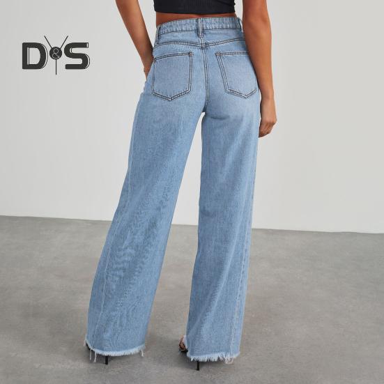 Pantalones vaqueros elásticos de cintura alta para mujer, pantalones vaqueros de pierna ancha, casuales, de pierna recta, con dobladillo deshilachado y bolsillos