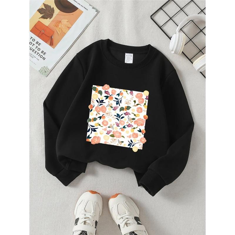 European sizes Kids' round-neck hoodie - Floral Fruit Lemon Berry Leaves Pattern , Sportswear And Casual Wear, Soft And Comfortable