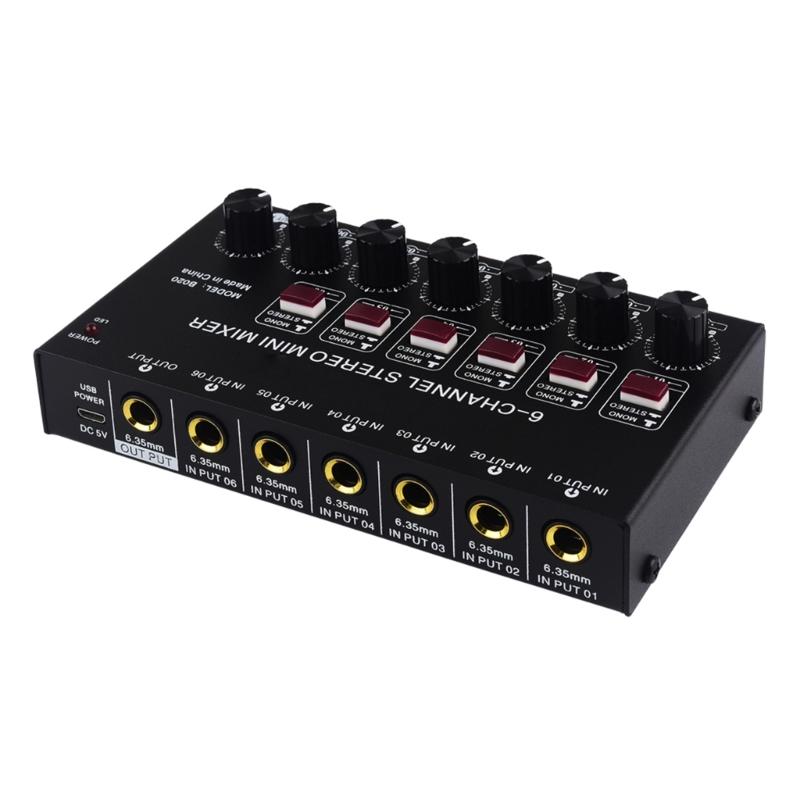 Stereo 6 Channel Mixer Sound Mixer 6 Stereo Distributor Volumes Control Mixing for Electric Guitar Keyboards Drum