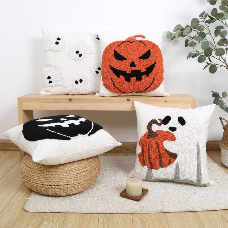 Spooky Halloween Pumpkin Embroidered Throw Pillow Covers Fluffy Looped Pumpkin Ghost Pattern Pillow Cover Pillowcase with Zipper