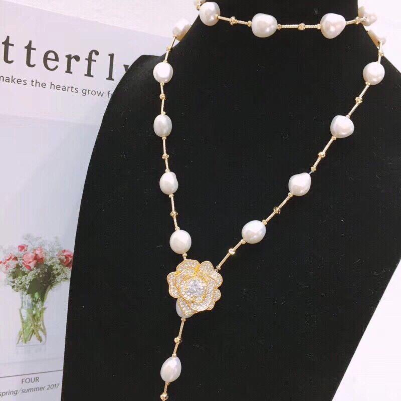 Multi-way Wear 14K Gold-Filled Freshwater Baroque Pearl Necklace with Rose Clasp, Sweater Chain