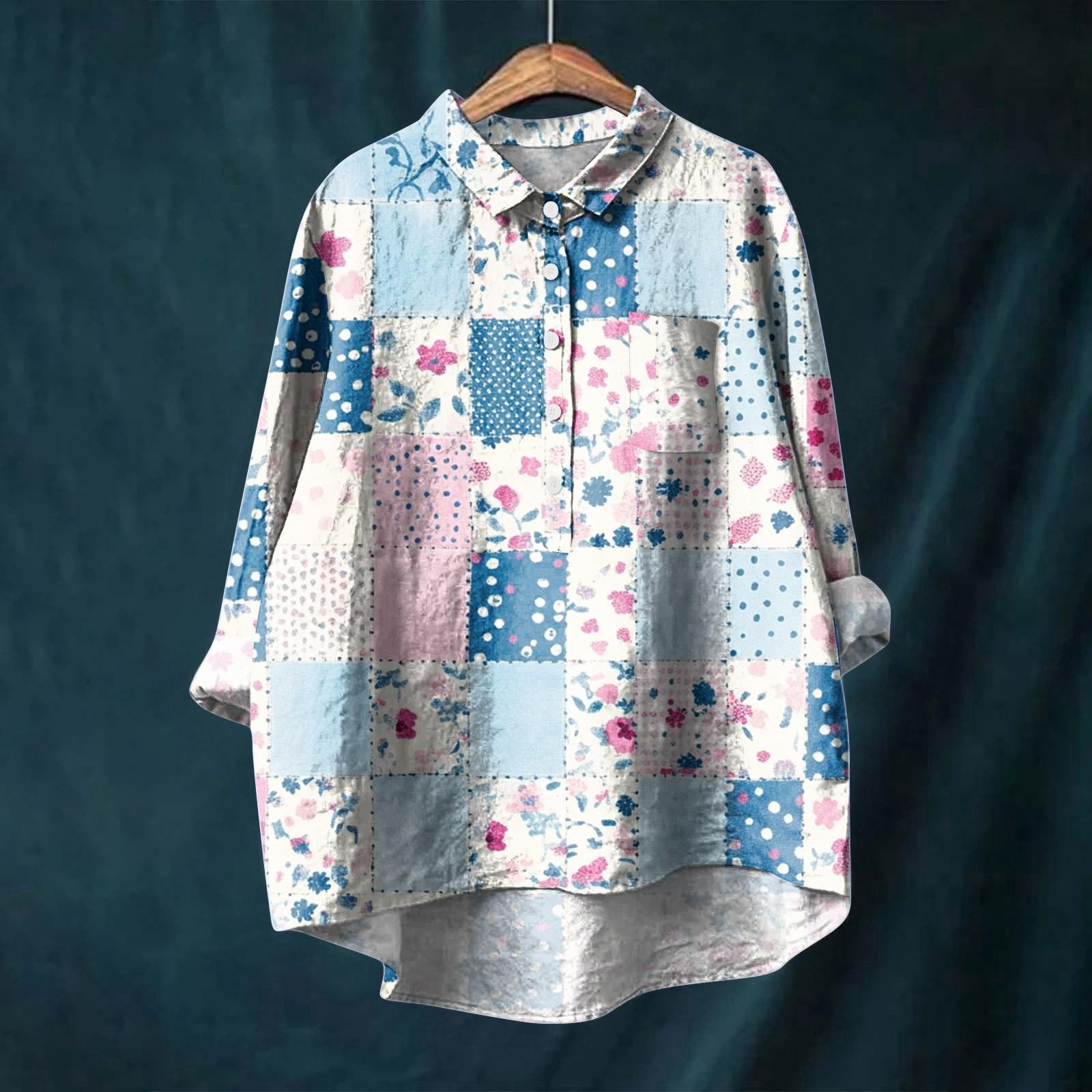 

Women s Long Sleeve Shirt Button Retro Geometric Print Casual Hem Irregular Shirt Collar Top M