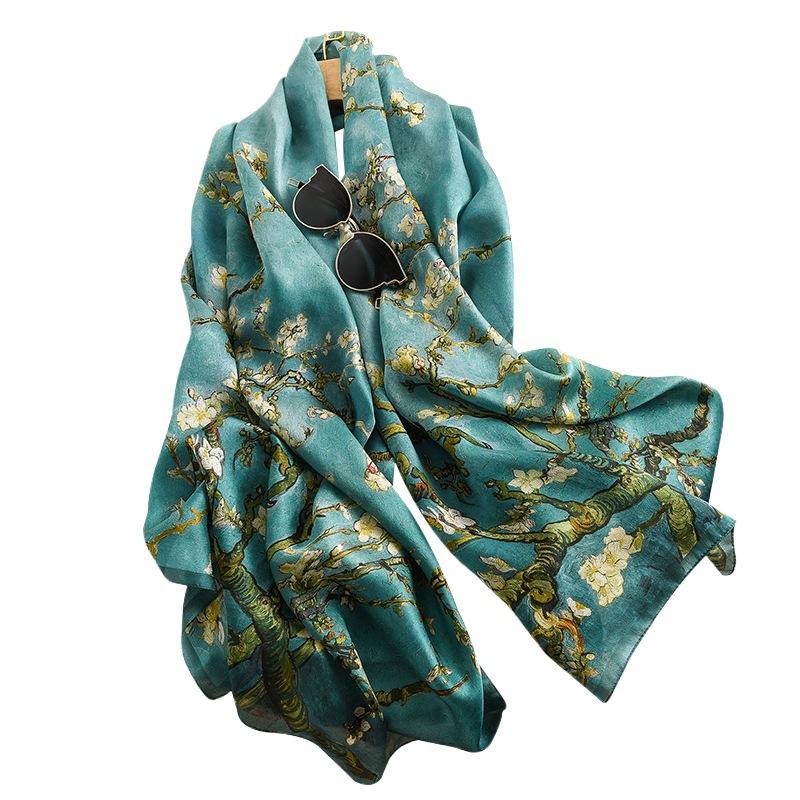 Van Gogh oil painting apricot flower satin silk silk scarf long mulberry silk scarf spring and autumn shawl dual-purpose gift mother
