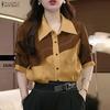 ZANZEA Women Turn Down Collar Casual Short Sleeve Patchwork Blouse