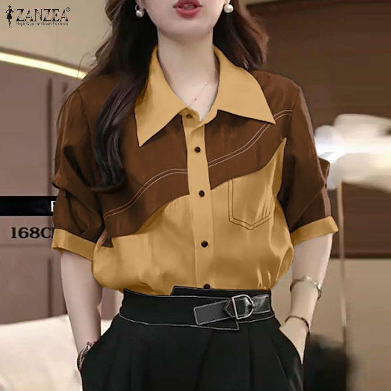ZANZEA Women Turn Down Collar Casual Short Sleeve Patchwork Blouse