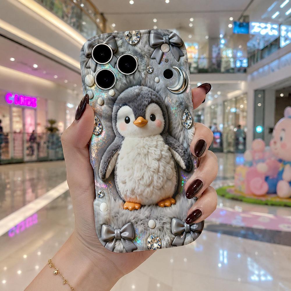 Cute Penguin Bow Rhinestone Pearl Wavy Edge Phone Case For iPhone 17 16 15 14 13 12 11 8 7 Plus Pro Max Bling Soft Cover
