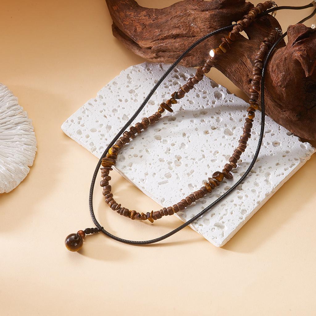 Natural Tiger Eye Healing Stone Necklace for Women Man Boho Handmade Layered Necklace Wood Bead Choker Summer Beach Jewelry Gift