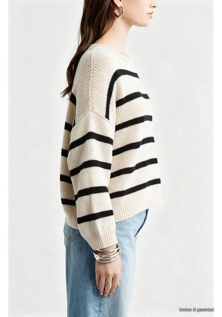 2026 Autumn/Winter Elegant Striped Knit Sweater - Sweet and Stylish Low Round Neck Pullover for Women