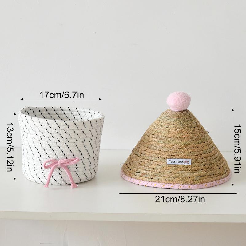 1Pc With Lid Practical Grass Weaving Delicate Desktop Storage Fashion Bow Storage Box Cotton Thread