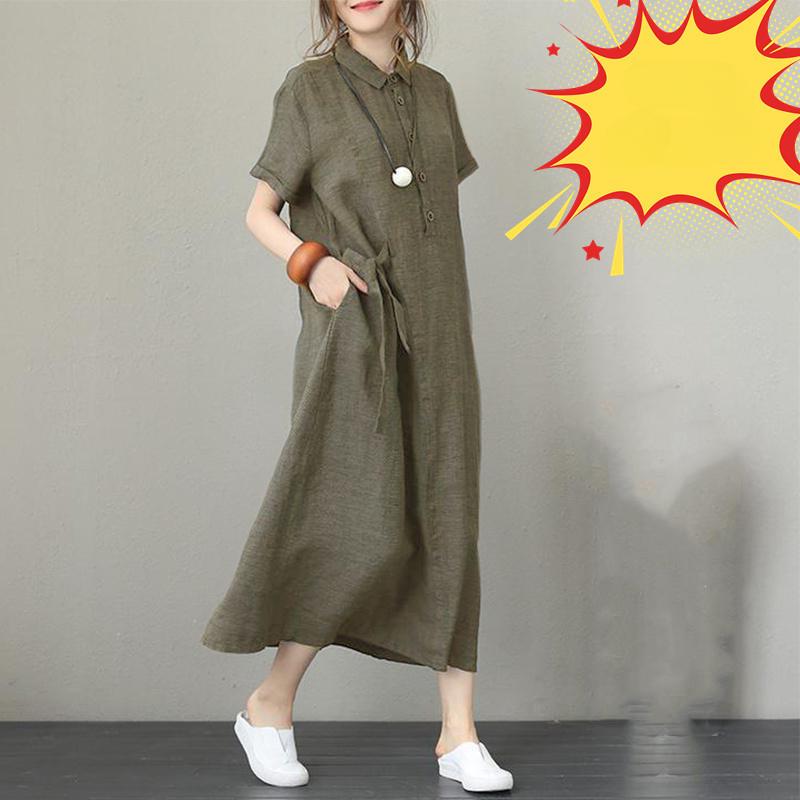 Cotton and Linen Collar Short Sleeved Loose Women's Casual Dress