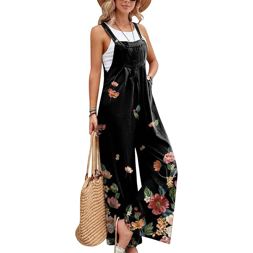 Women's Casual Loose Printed Sleeveless Tank Top Jumpsuit Square Neck Gathered Wide Leg Jumpsuit With Pockets