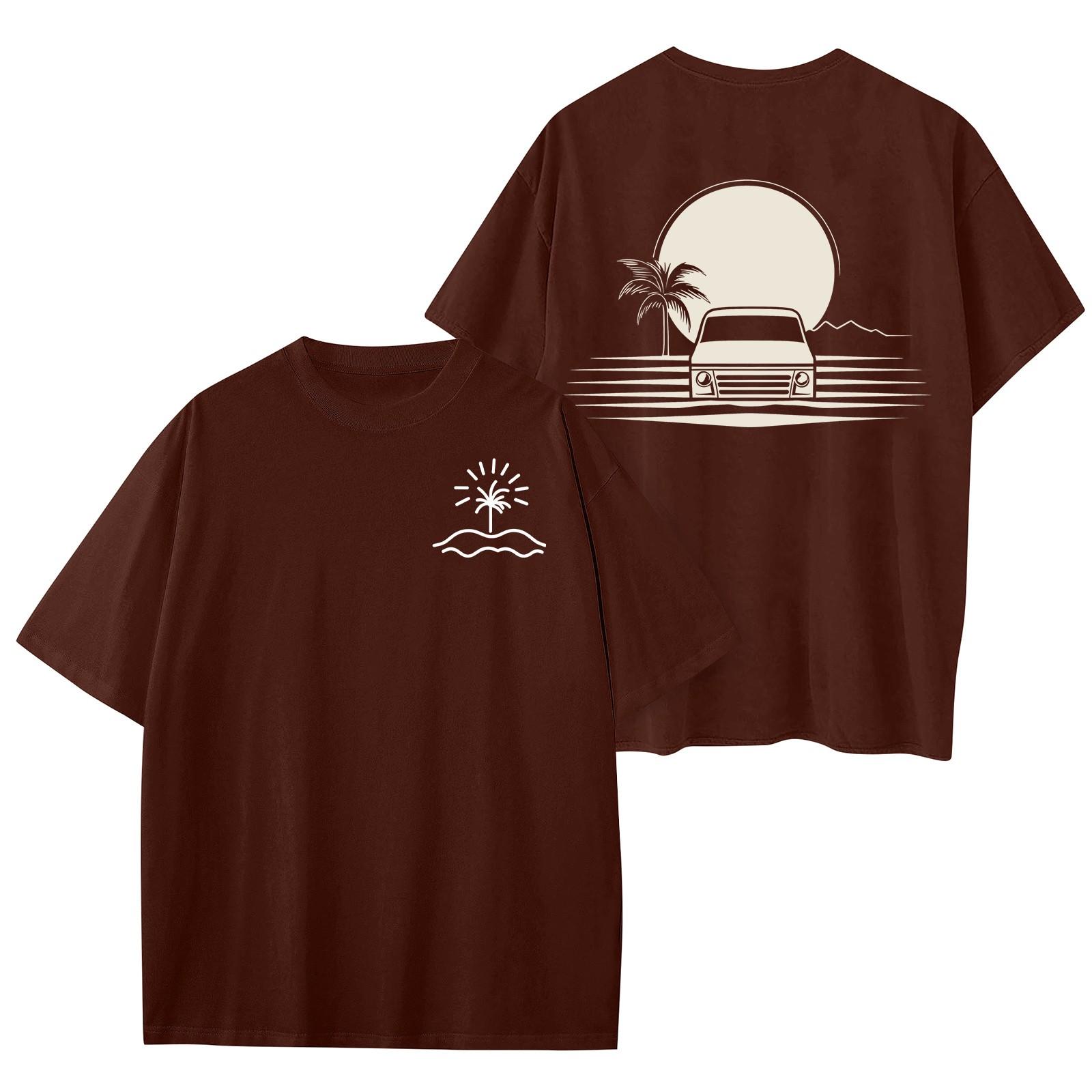 Женский круглый вырез модный свободный гавайский принт короткие рукава M винный