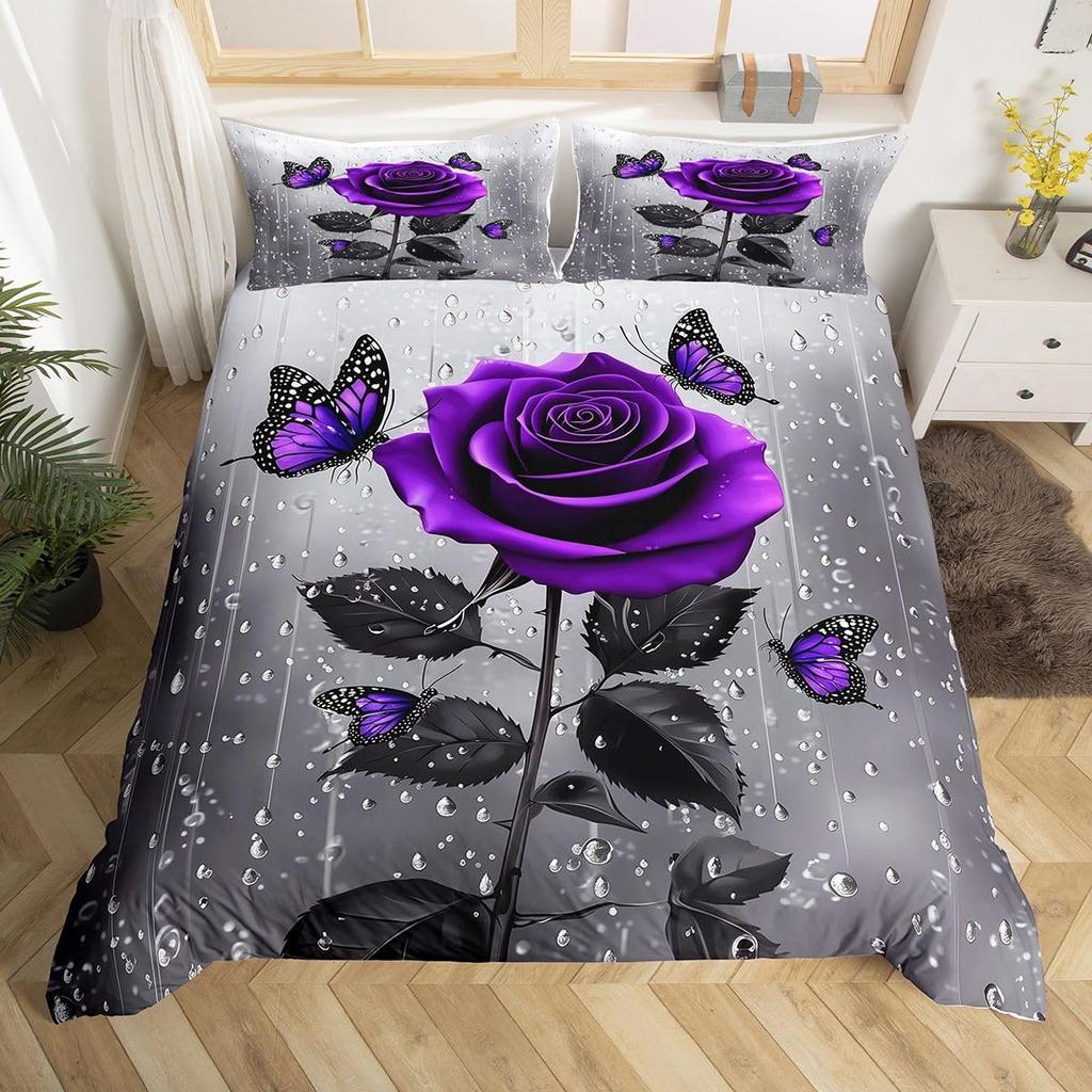 Roslakan Set Romantiskt Rosblommigt Sängkläder Set Mikrofiber Botaniska Blommor Täcktäck för Kvinnor Flickors Sovrumsinredning