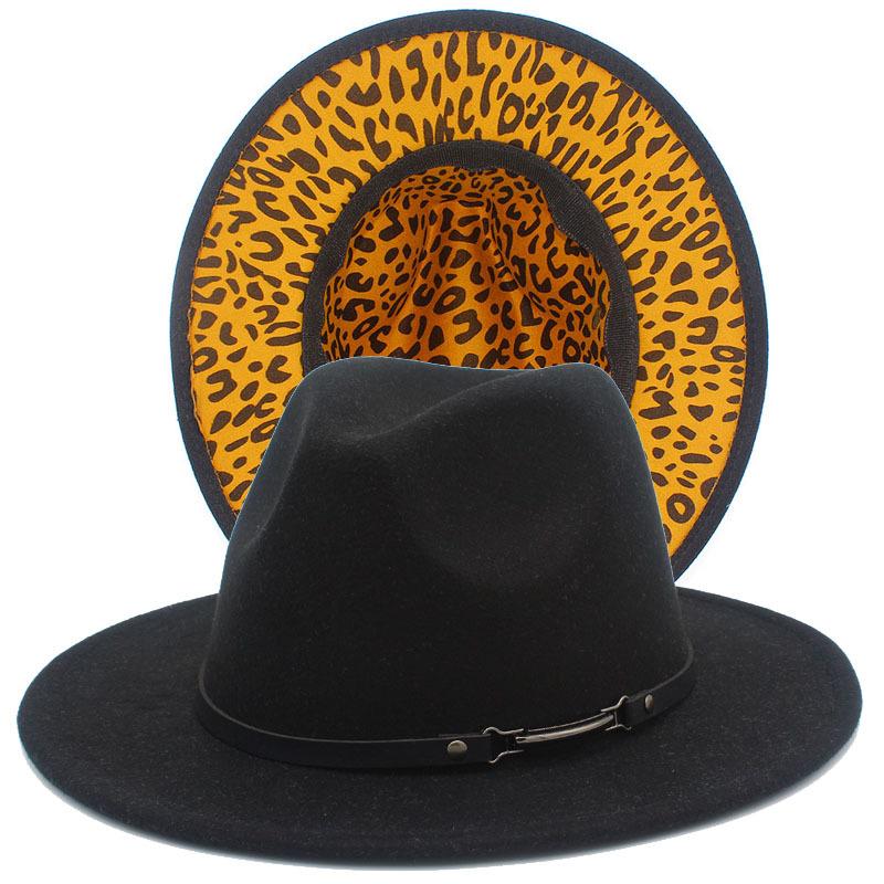 Fashion leopard print belt flat brim top hat autumn and winter British men and women double-sided color matching ethnic style jazz hat Wish