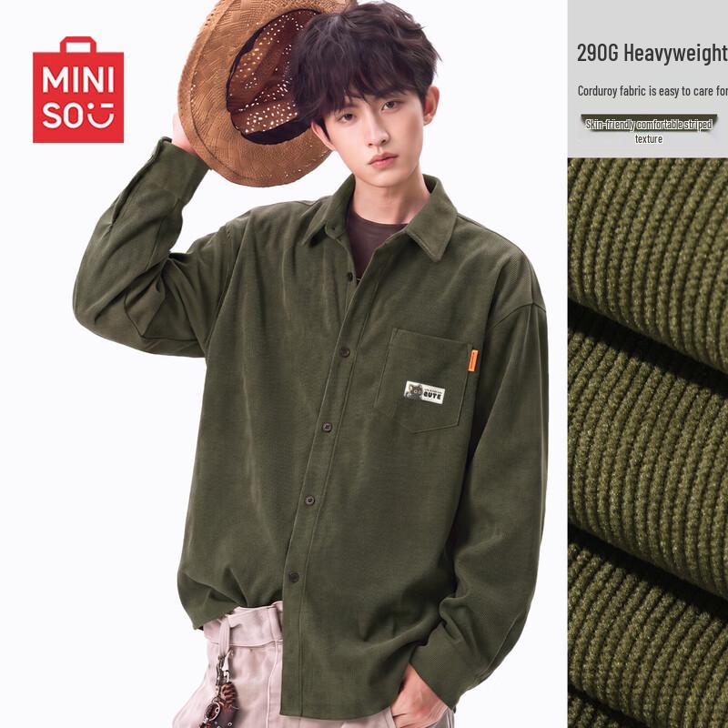 MINISO Men's Japanese Style Relaxed Fit Corduroy Long Sleeve Shirt Jacket