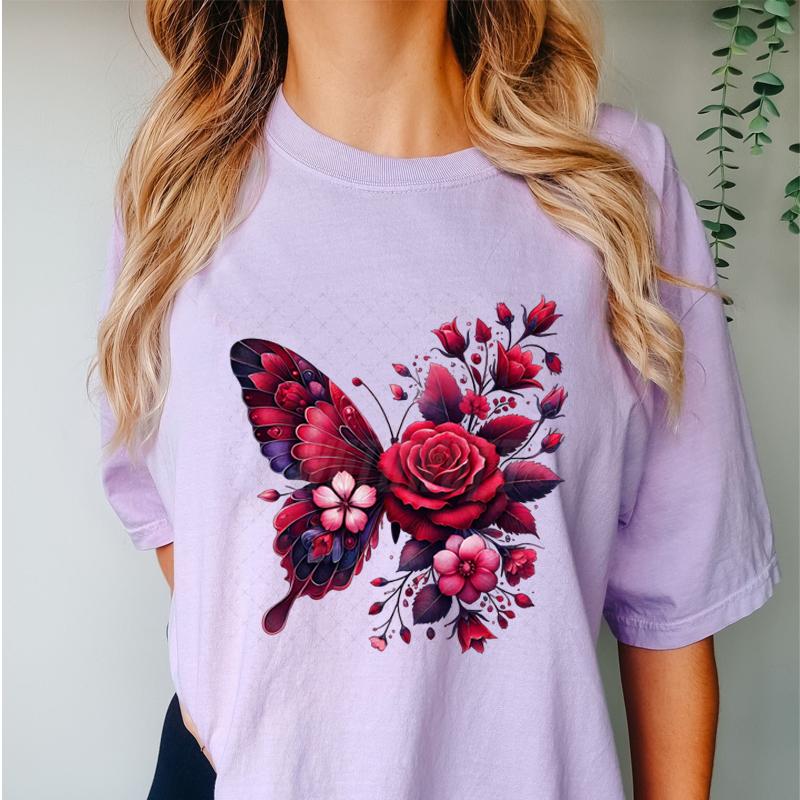 Floral Butterfly Fashion Clothes Summer Spring Flower Tee Ladies Cartoon Clothing Short Sleeve Graphic Women T-shirt Female Top