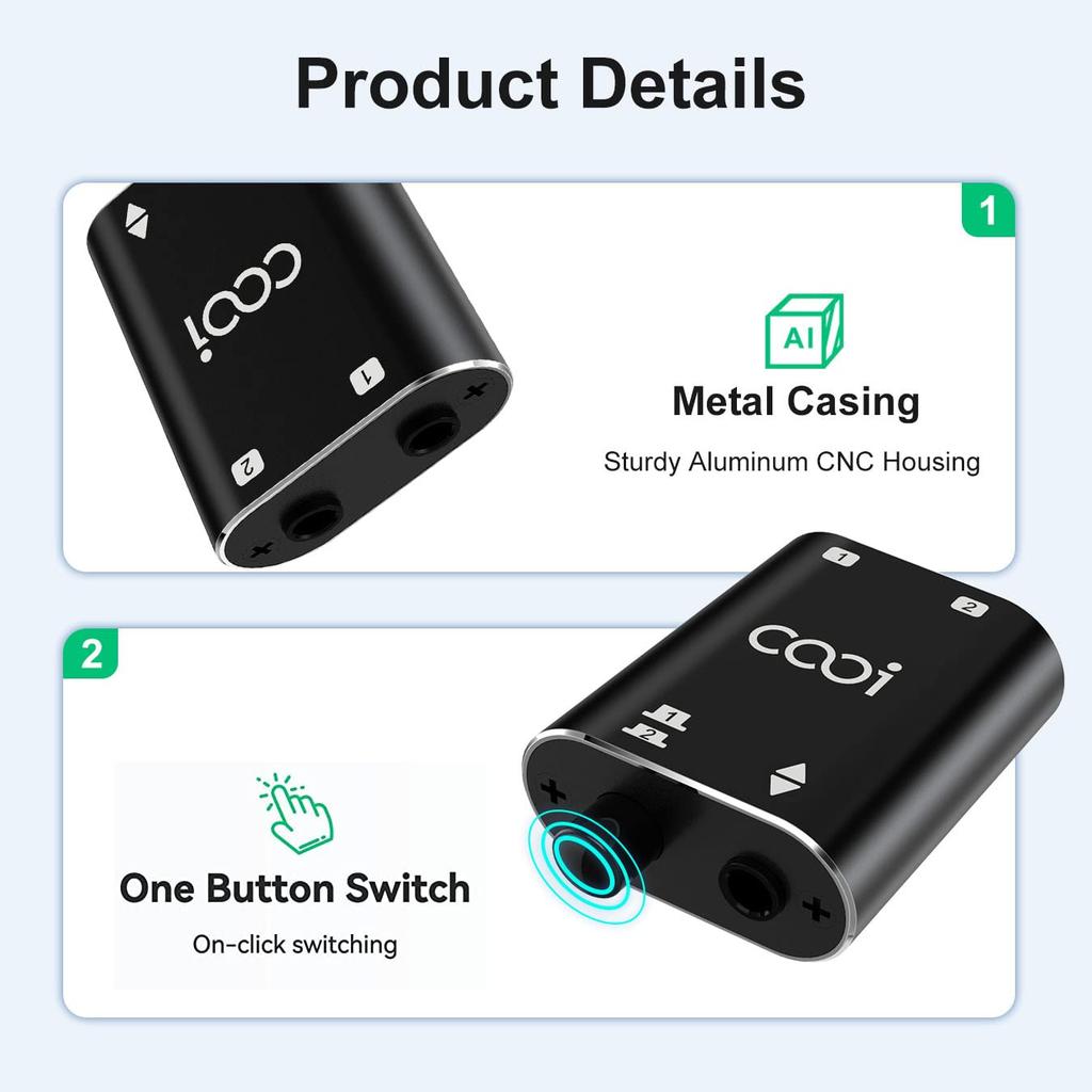 Stereo audio COOIDEA spolu s audio podporuje 1 vstup 2 výstupy nebo 2 vstupy 1 výstup a je přepínačem audio reproduktorů AUX pro mobilní telefony a 3,5mm přepínačem,