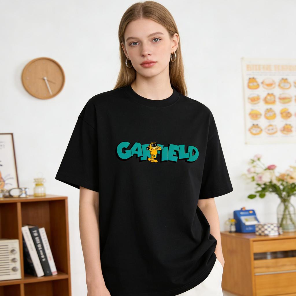 Garfield "GARFIELD" Lake Blue Letter Print Short Sleeve T-Shirt, American Streetwear Brand Heavyweight Cotton Loose Fit Oversized Couple Top