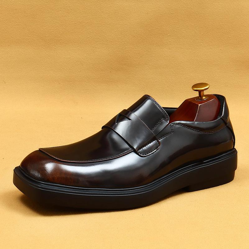 [Pre-Sale, Not In Stock] Thick-Soled Glossy Big-Headed Leather Shoes, Men'S Square Head, Black Business Leisure, One-Pedal Loafer
