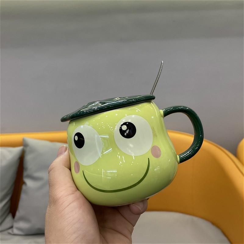Kurbağa Kupa Seramik Lotus Yaprağı Kapaklı Kaşık, Yaratıcı Karikatür, Çocuk Sütü, Kahvaltı Kahve Kupası, İçecek Takımı Çay Kupası, 380ml
