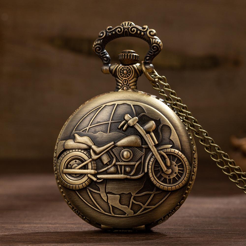 

Retro Motorcycle CAR Pattern Quartz Pocket Watch Motorbike MOTO Design Pendant Fob Watch Chain Gifts for Men коричневий