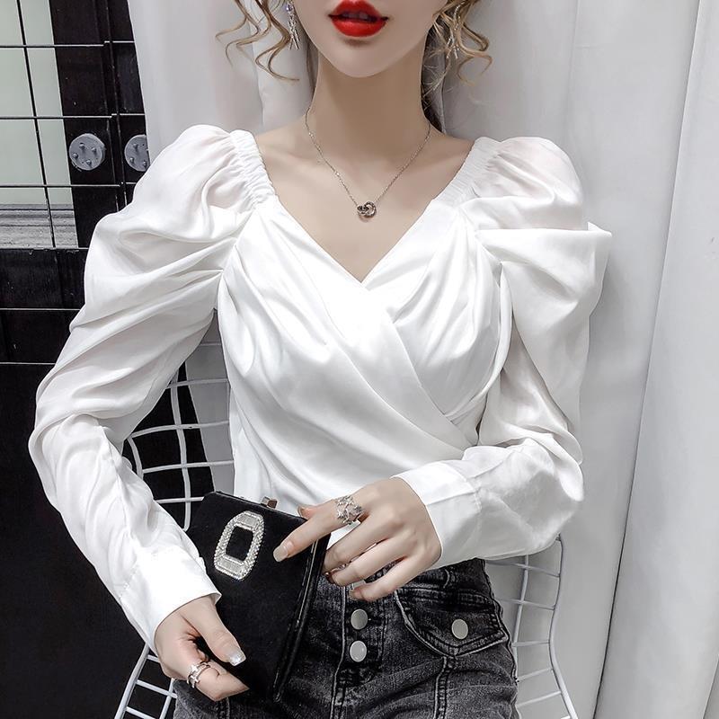 

New Autumn Women s Design V-neck Bubble Temperament High-waisted Short Top S белый