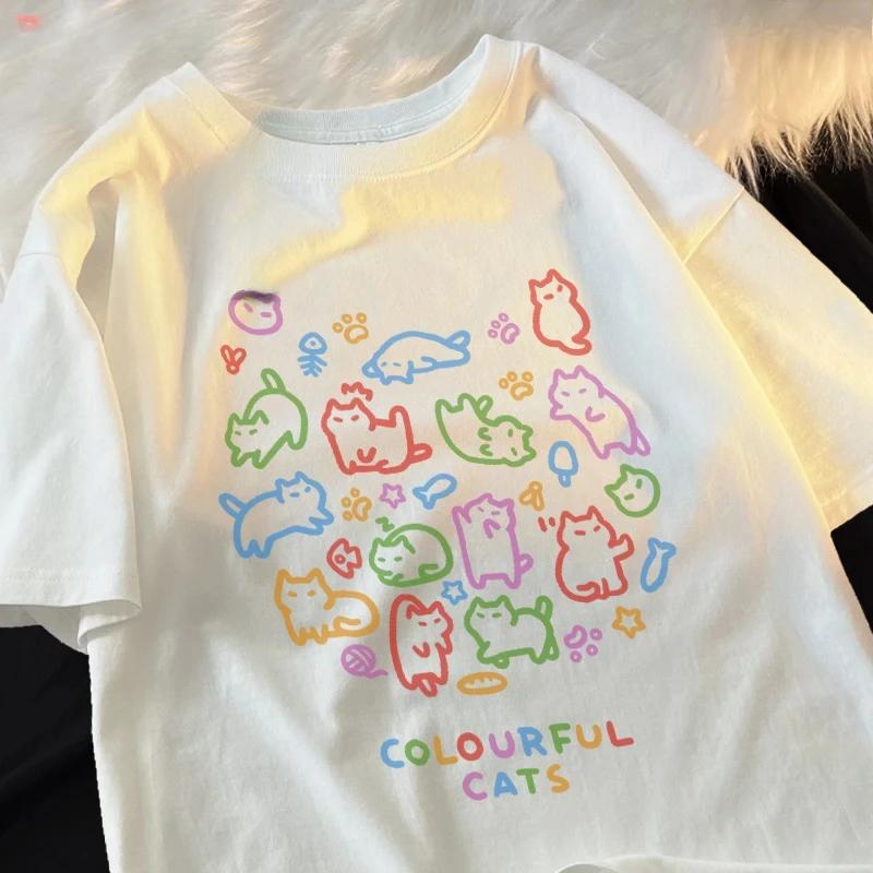 

Colorful Cat Baby Pure Trendy Summer Loose Short Sleeved Tshirt Unisex Women Original Colorful Cat Pose Cute Tees Couple Women S
