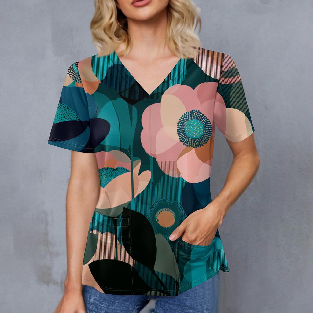 Women's Retro Printed V-Neck Double Pocket Short Sleeves Hem Slit  Uniform Caregiver Top