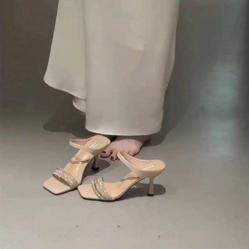 Nude Rhinestone Open-toed Sandals Women's 2025 New Square Head Stiletto with Cool Slippers Temperament Sexy High Heels