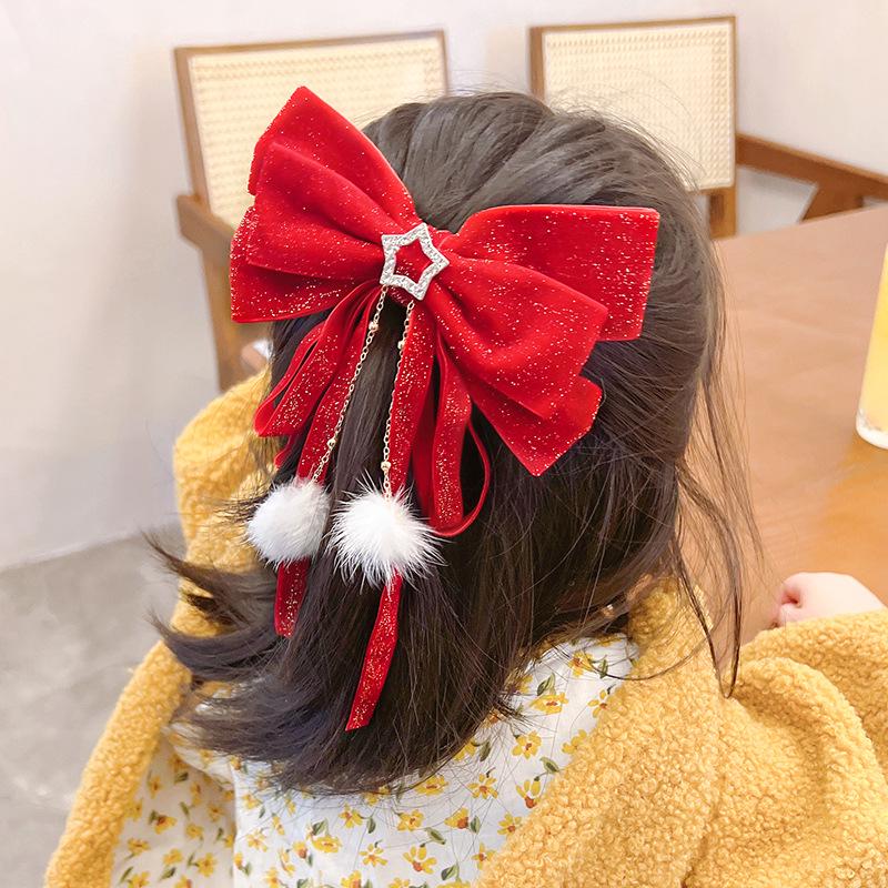 2025 Chinesisches Neujahr Samtschleife Haarspange - Rotes Festliches Haaraccessoire