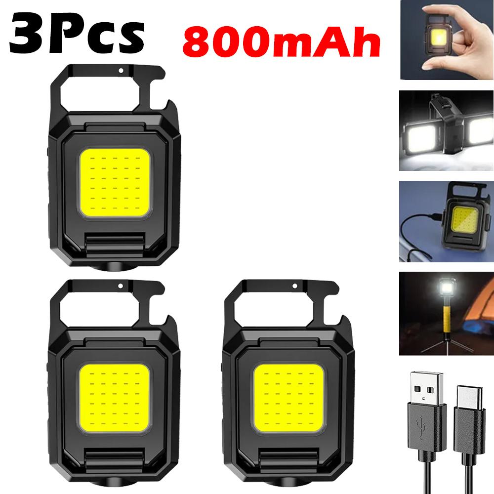 Multifunctional LED Mini Keychain Flashlight Outdoor Camping Double COB Work Lights Emergency Lighting With Magnet Bottle Opener