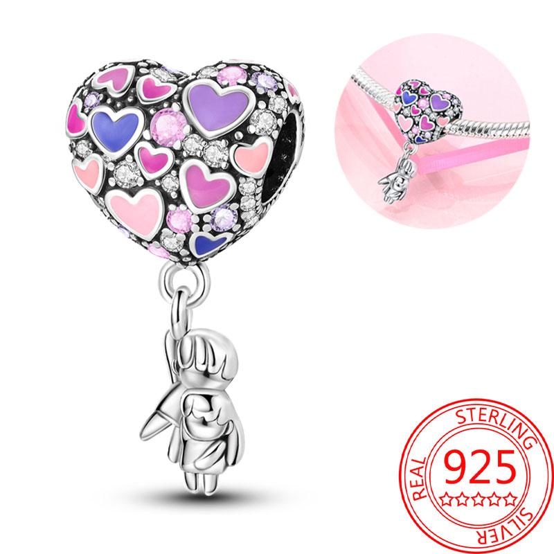 Breloque Pendentif Perles Cœur Rose Scintillant Cuivre Compatible Bracelet Original Pour Femmes Bijoux Cadeaux Saint-Valentin